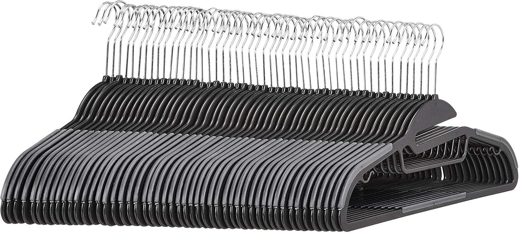 Amazon Basics Non-slip Heavy Duty Space Saving Plastic Hangers with Rubber and Horizontal Bar, Lightweight, Gray, Pack of 50
