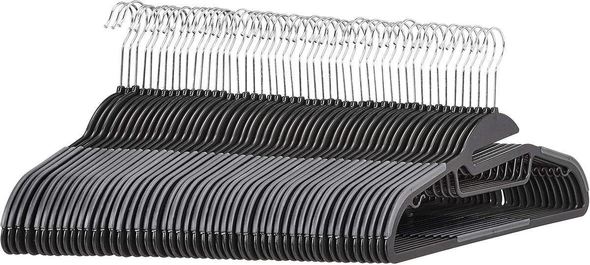 Amazon Basics Non-slip Heavy Duty Space Saving Plastic Hangers with Rubber and Horizontal Bar, Lightweight, Gray, Pack of 50