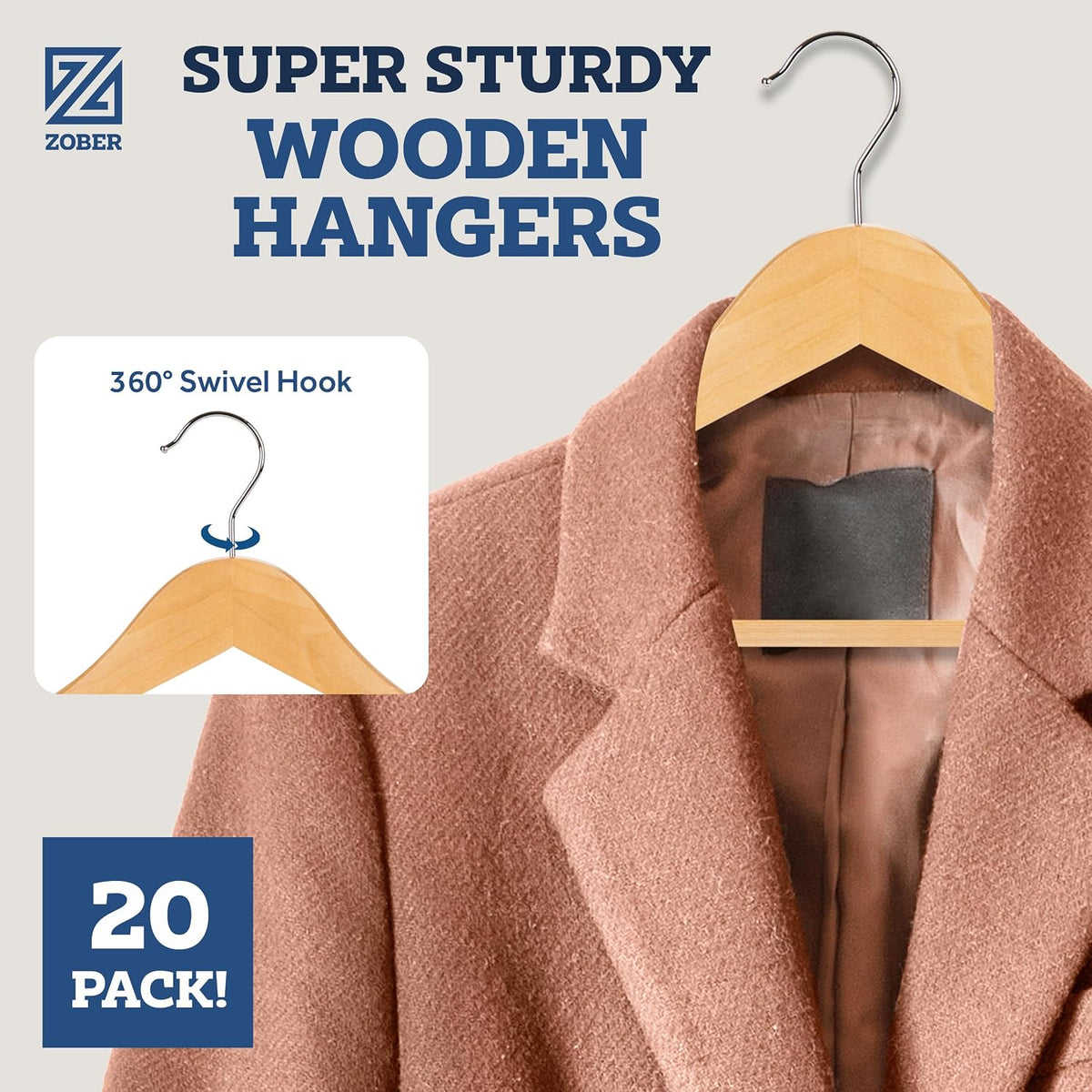 Zober Wooden Hangers 20 Pack, Heavy Duty Clothes Hangers, Non Slip, Natural