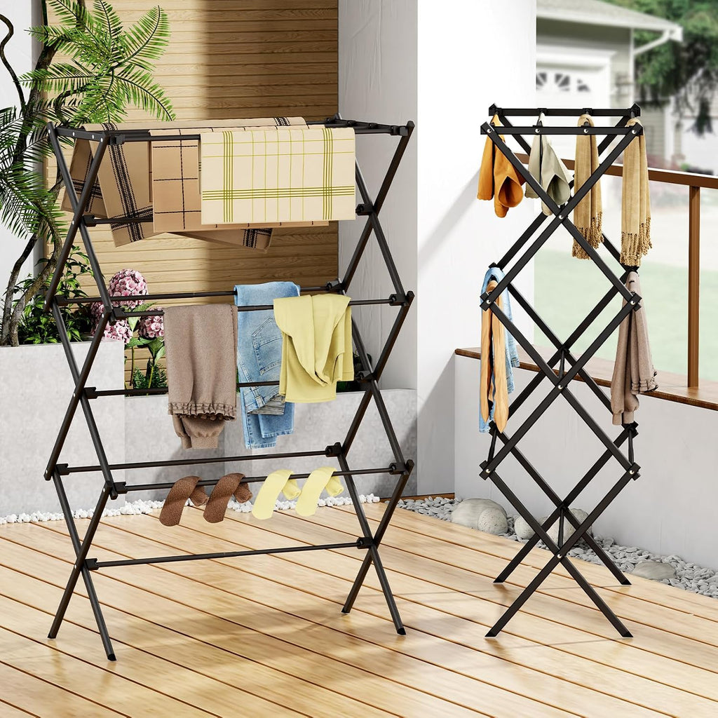 Drying Rack Clothing, 3-Tier Clothes Drying Rack Foldable, Antirust Laundry Drying Rack Collapsible Use for Indoor & Outdoor, 11.8" D x 34.6" W x 35.4" H, Black