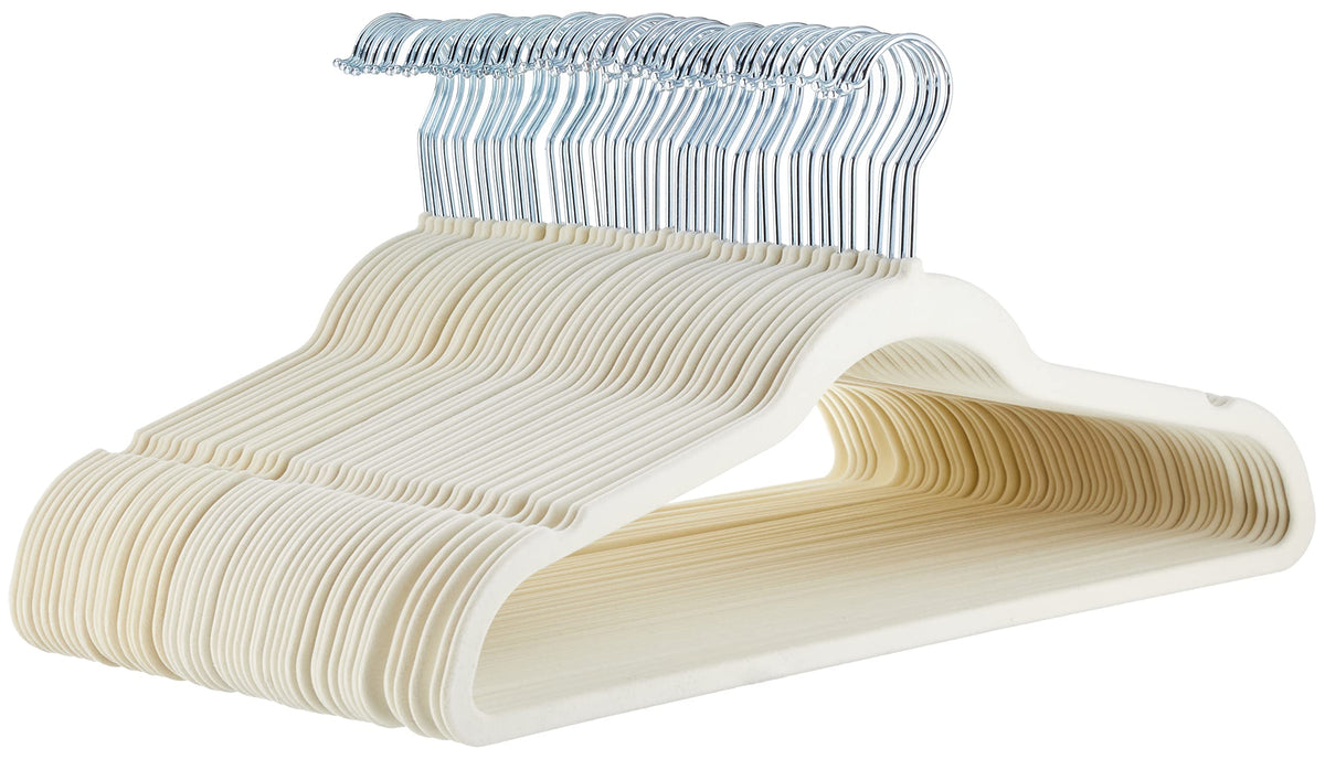 Amazon Basics Slim Velvet Non-Slip Space Saving Suit Clothes Hangers with Shoulder Notches for Closet Organization, Ivory/Silver, 50-Pack