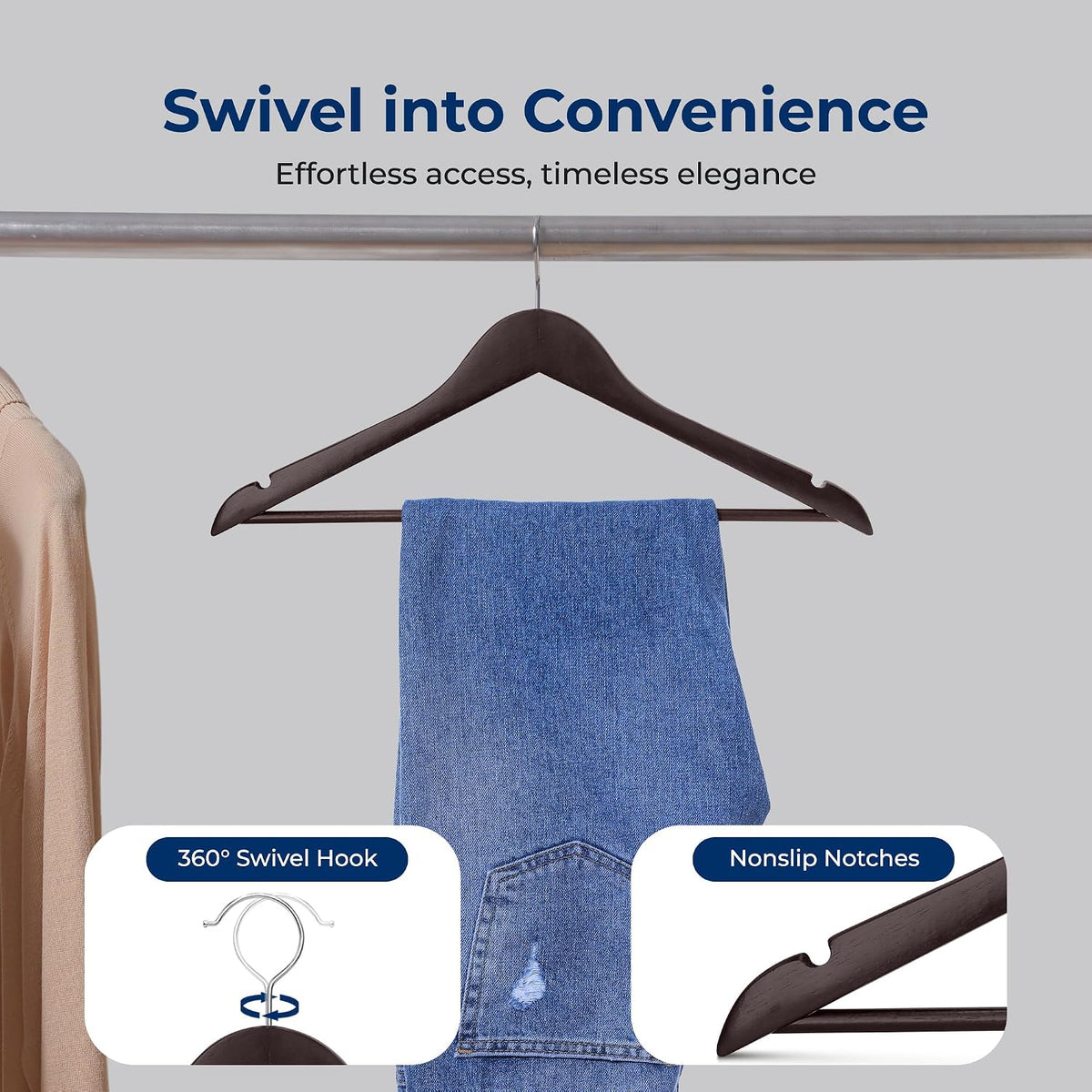 SereneLife Wooden Hangers 50 Pack - Durable & Slim Coat Hanger - Wood Hangers for Coats, Suits, Jackets, Closet & Pants - Suit Hanger with 360-Degree Rotatable Hook and Shoulder Grooves (Brown Color)