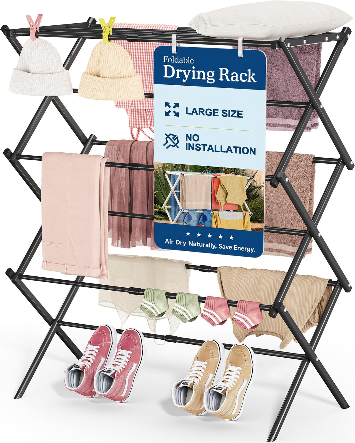 APEXCHASER Oversize 3-Tier Clothes Drying Rack, No Install, White