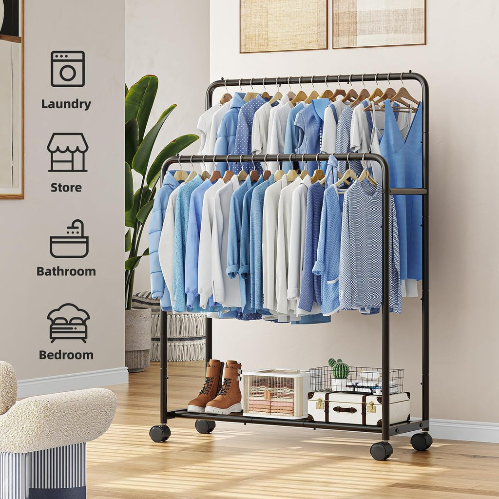 Simple Trending Clothing Clothes Rack, Double Rod Garment Rack, Black