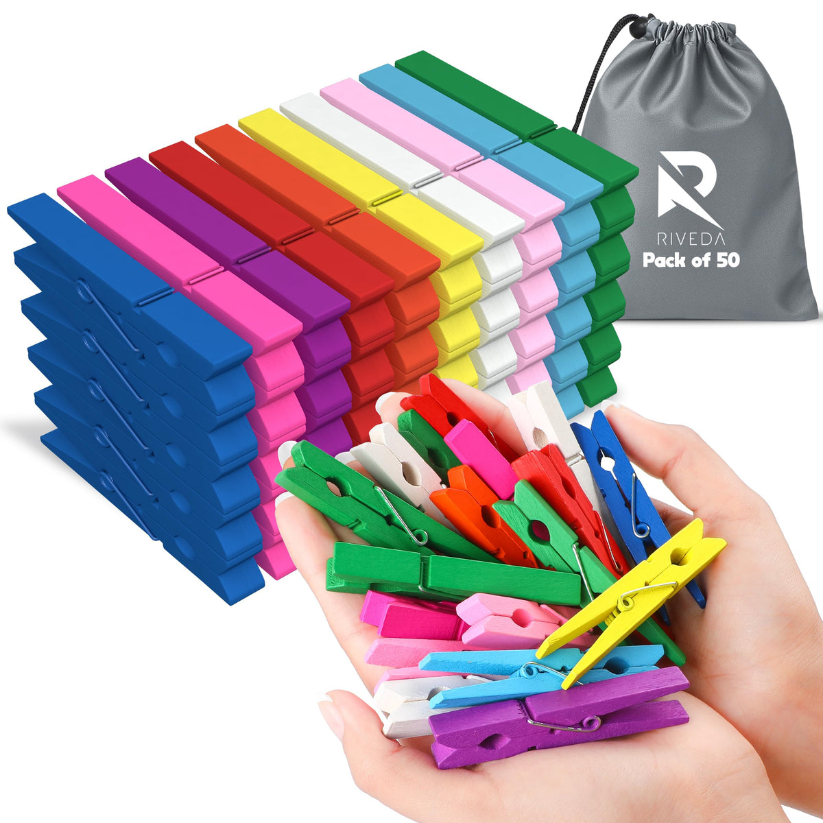 RIVEDA 50pcs Colored Wooden Clothes Pins, 2.9inch 10 Colors, Clothespins for Classroom, Clip Hanging Photos, DIY Clips for Crafts, Decorations