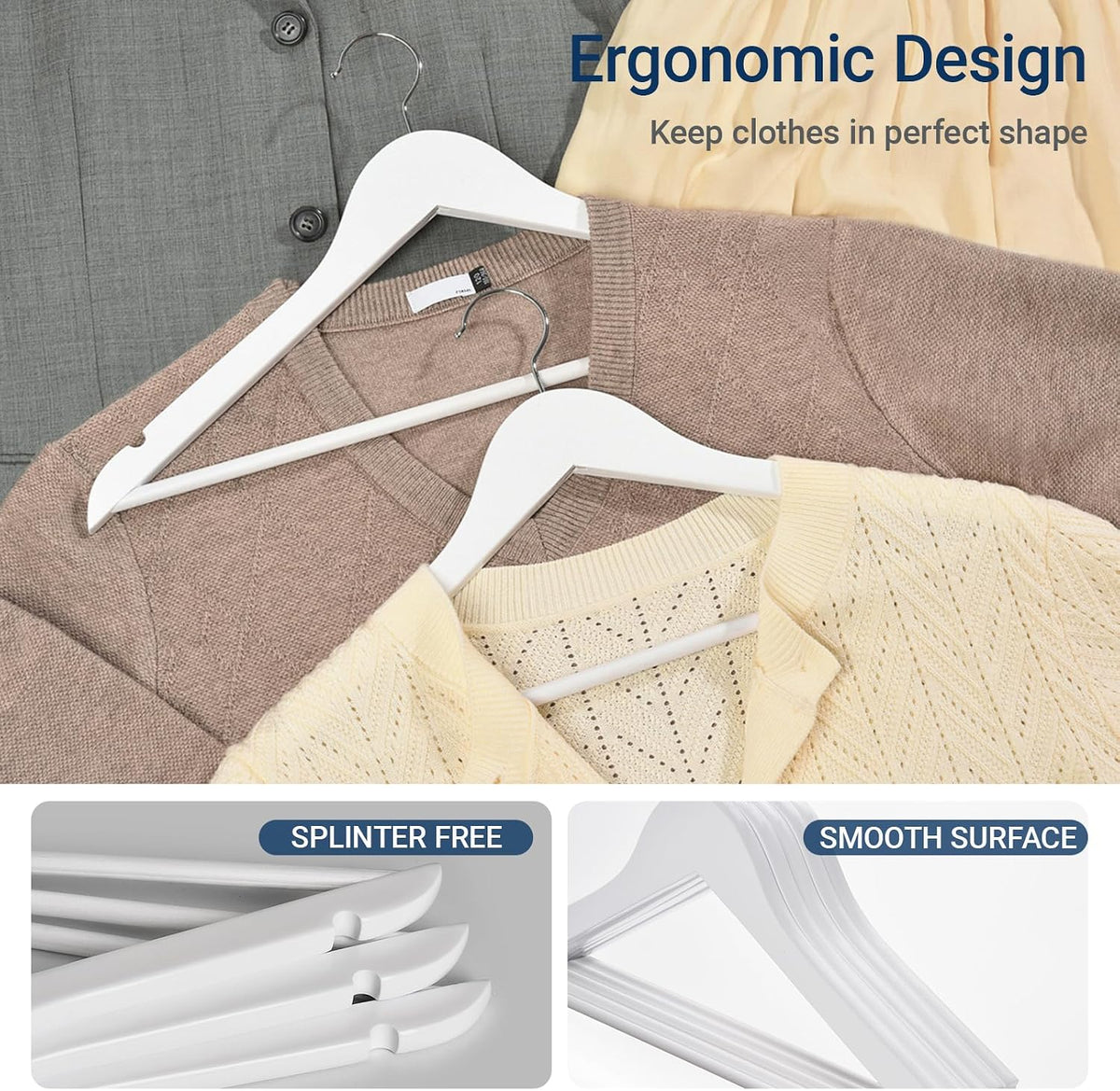 Amber Home 30 Pack White Wooden Coat Hangers, Wood Suit Hangers