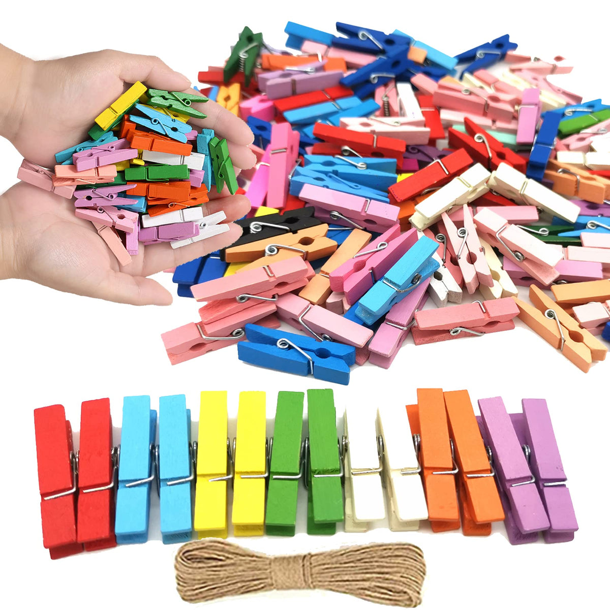 1.35 Inch Mini ClothesPins for Photo【100 Pcs】 with 32 Feet Jute Twine，Mini Clothes Pins for Crafts,Wooden Small Clothes Pins for Pictures,Tiny Decorative Clothespins for Baby Shower(Natural Color)