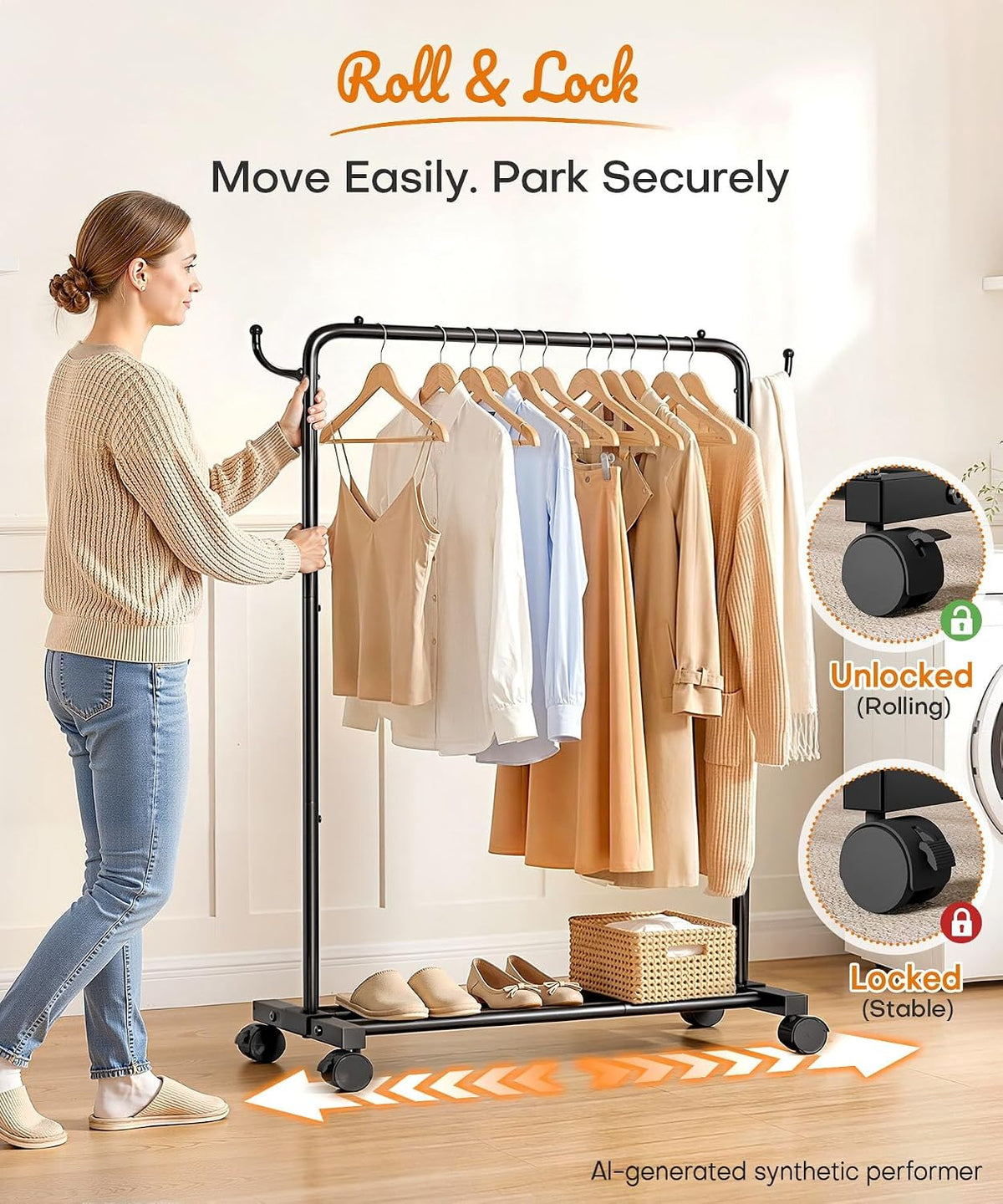 Homde Portable Clothes Rack for Bedroom: 4 Lockable Wheel Move Room-to-Room
