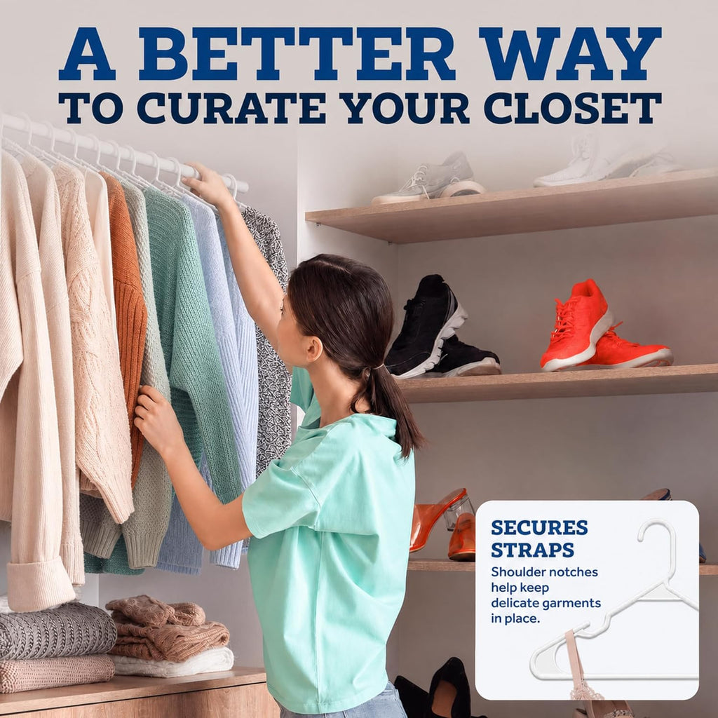 Clothes Hangers - White, Plastic Hangers 50 Pack for Shirts, Dresses, and Pants - Durable, Flexible Plastic Clothing Hangers