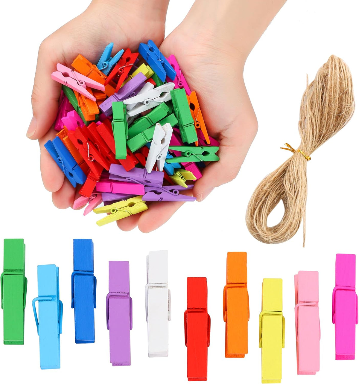 Mini Clothespins for Photos,100pcs Clothes Pins Wooden,Colorful Clothespins with Jute Twine, Small Clothes Pins Tiny Clothespins for Photos, Crafts, Pictures