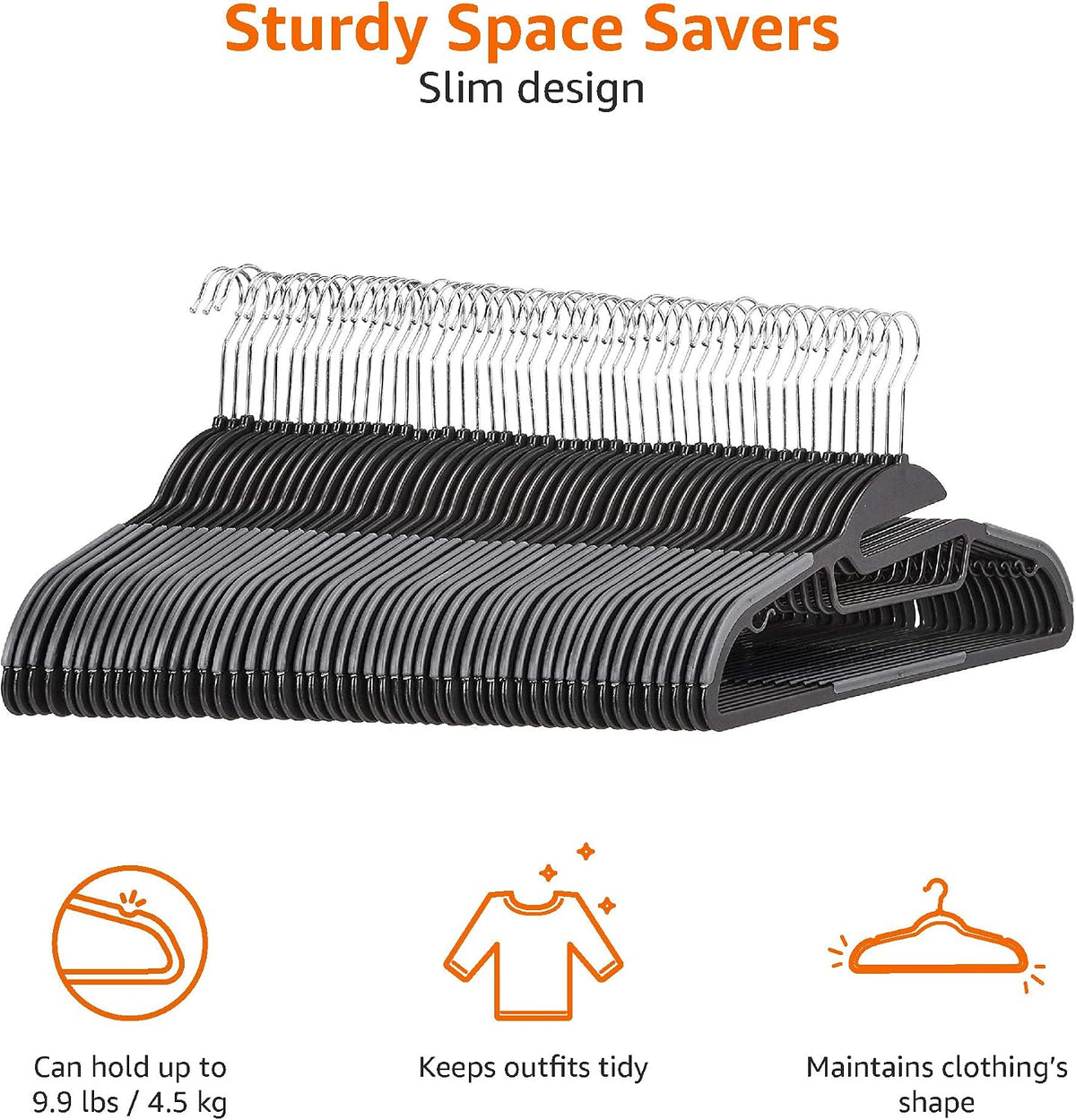 Amazon Basics Non-slip Heavy Duty Space Saving Plastic Hangers with Rubber and Horizontal Bar, Lightweight, Gray, Pack of 50