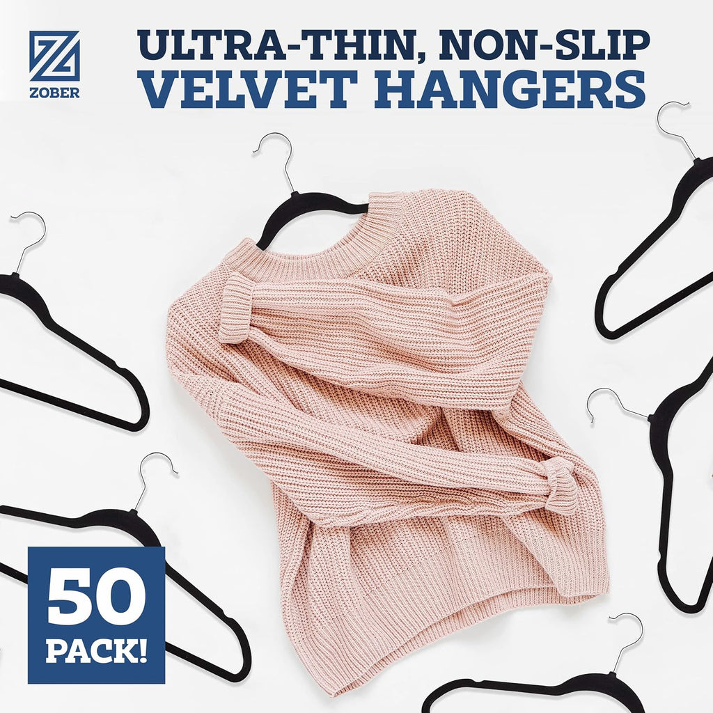 Zober Black Velvet Hangers 50 Pack, Slim Non Slip Clothes Hangers