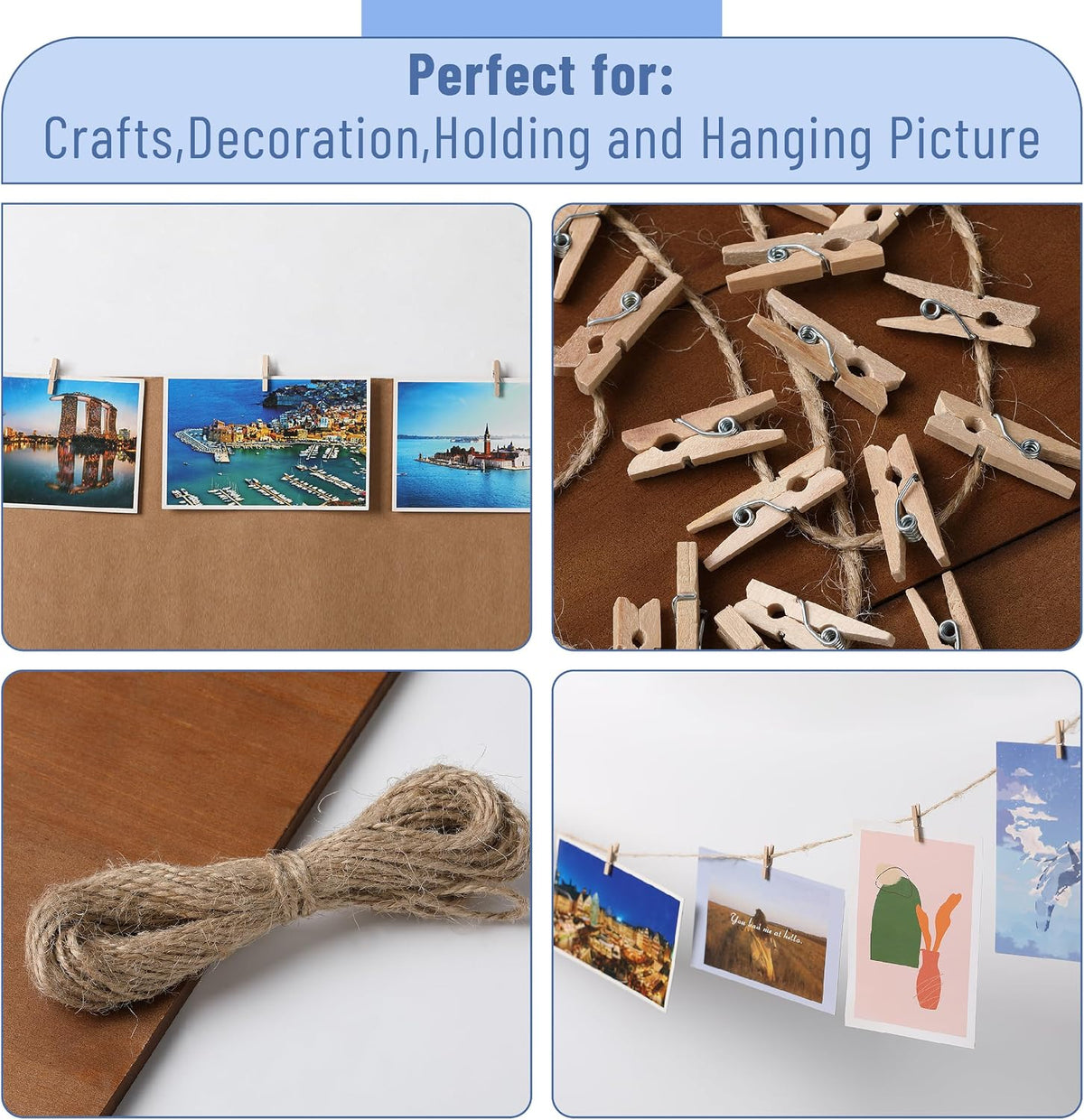 Mr. Pen- Mini Wooden Clothes Pins for Photo, 1 Inch, 200 Pack, Small Clothespins with Jute Twine for Scrapbooking, Labeling Plants, Gift Tags, Tiny Crafts, Photo Display, Decoration