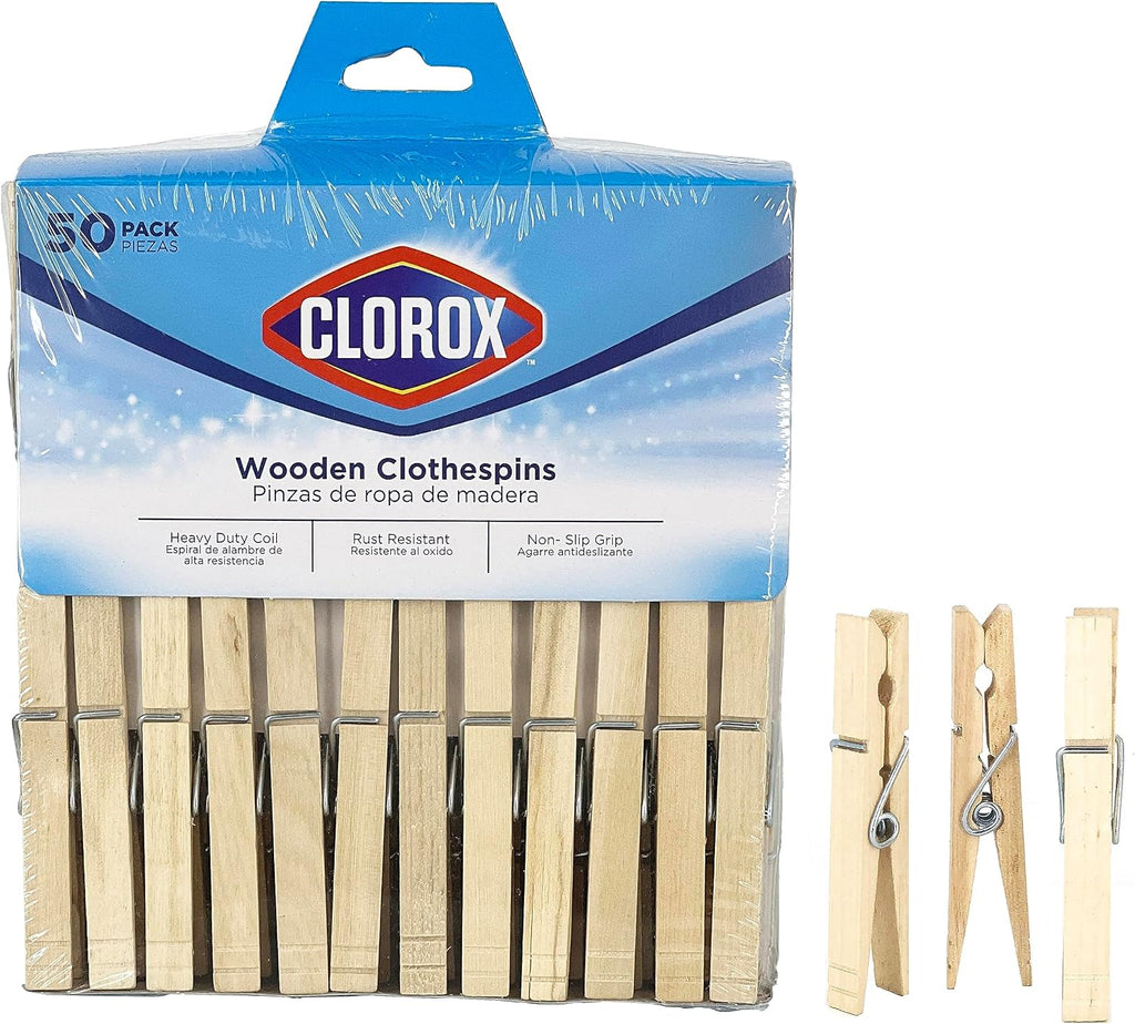Clorox Wood Clothespins with Spring – Value Pack Set of 50 | Rust Resistant, Heavy-Duty Coil, Non-Slip Grip for Line Drying Laundry, Chip Clips, Crafts, 50 Pack