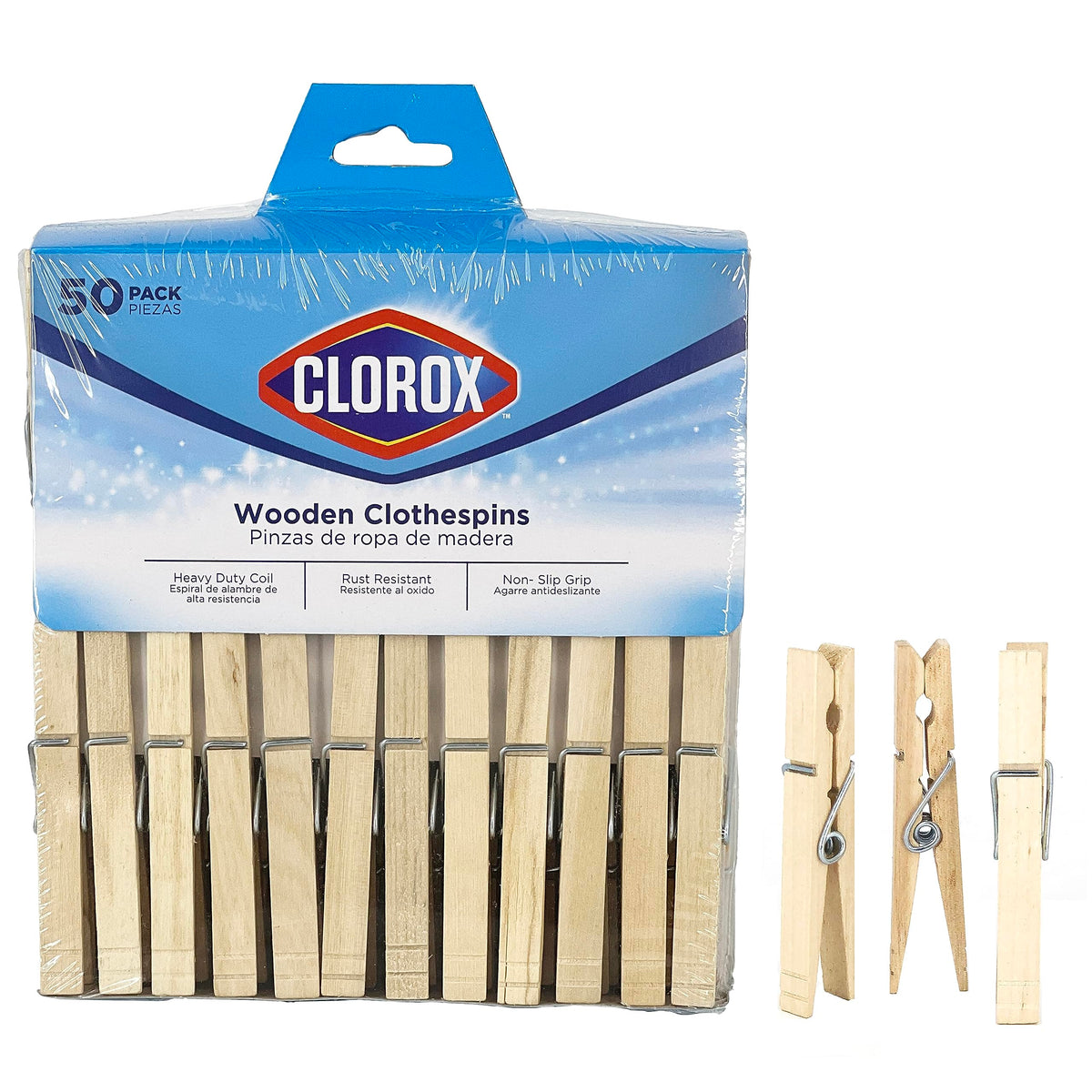 Clorox Wood Clothespins with Spring – Value Pack Set of 50 | Rust Resistant, Heavy-Duty Coil, Non-Slip Grip for Line Drying Laundry, Chip Clips, Crafts, 50 Pack