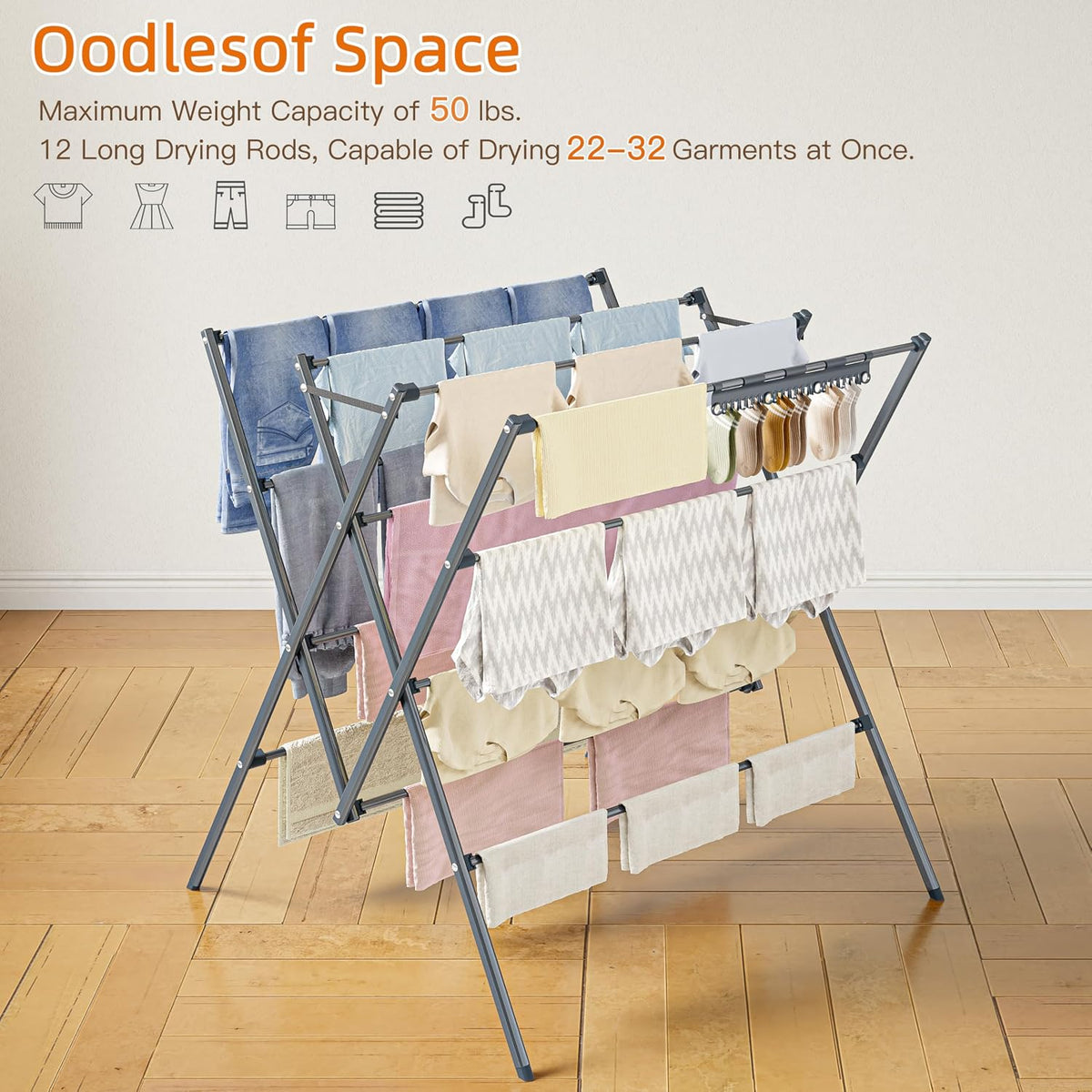 Drying Rack Clothing,12 Drying Poles with Sock Clips Clothes Drying Rack