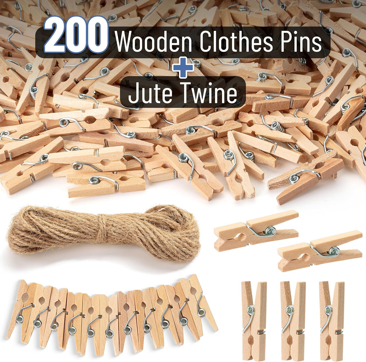 Mr. Pen- Mini Wooden Clothes Pins for Photo, 1 Inch, 200 Pack, Small Clothespins with Jute Twine for Scrapbooking, Labeling Plants, Gift Tags, Tiny Crafts, Photo Display, Decoration