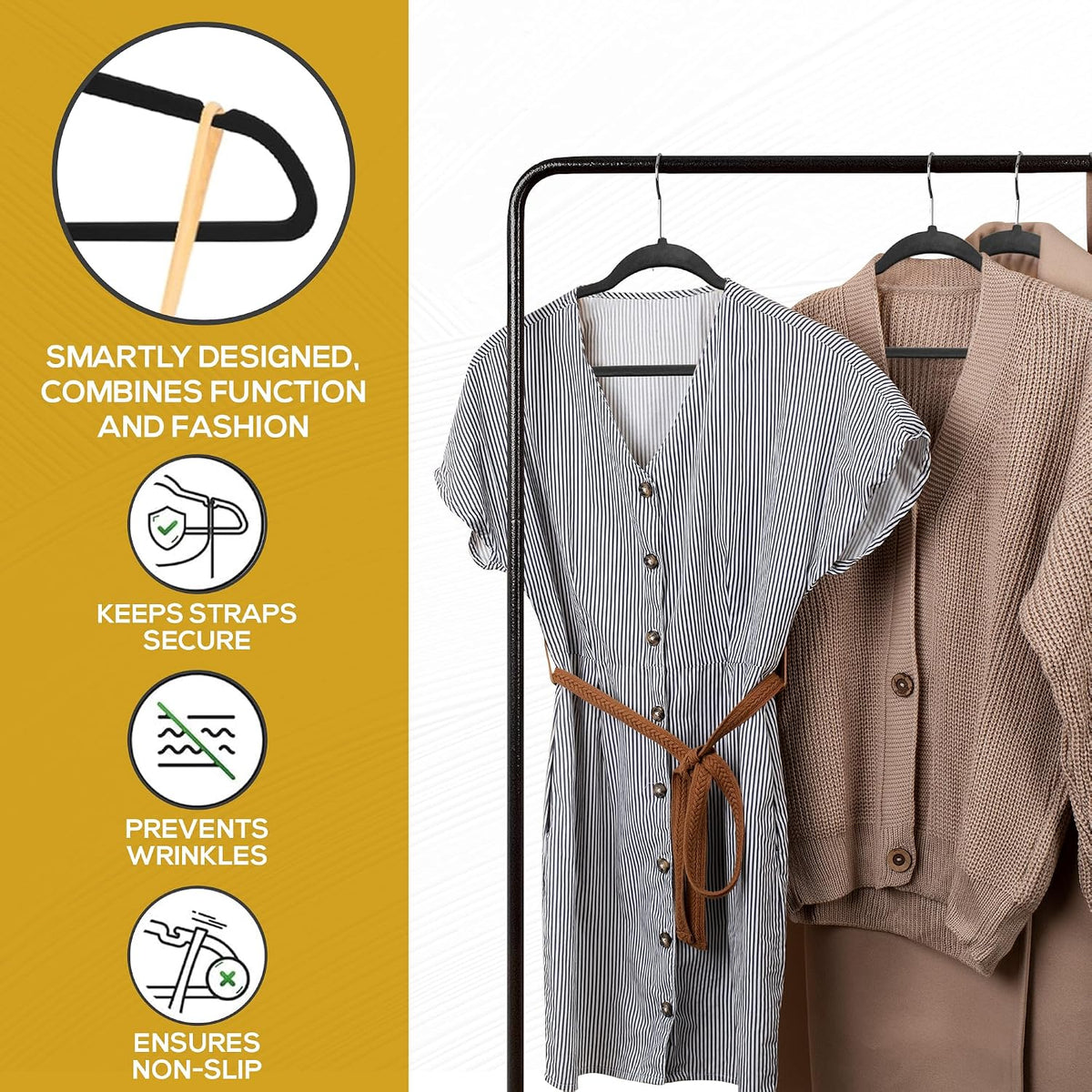 Techzoo 50 Pack New Premium Quality Velvet Hangers Ultra Thin Non Slip Adult Felt Space Saving Hangers for Closet Heavy Duty Coat Pants Jackets Dress Hangers 360° Swivel Hook Hold Upto 10 lbs Black