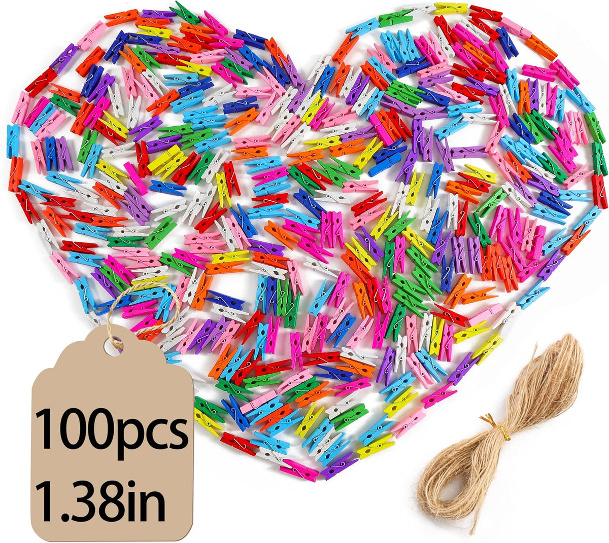 Mini Clothespins for Photos,100pcs Clothes Pins Wooden,Colorful Clothespins with Jute Twine, Small Clothes Pins Tiny Clothespins for Photos, Crafts, Pictures