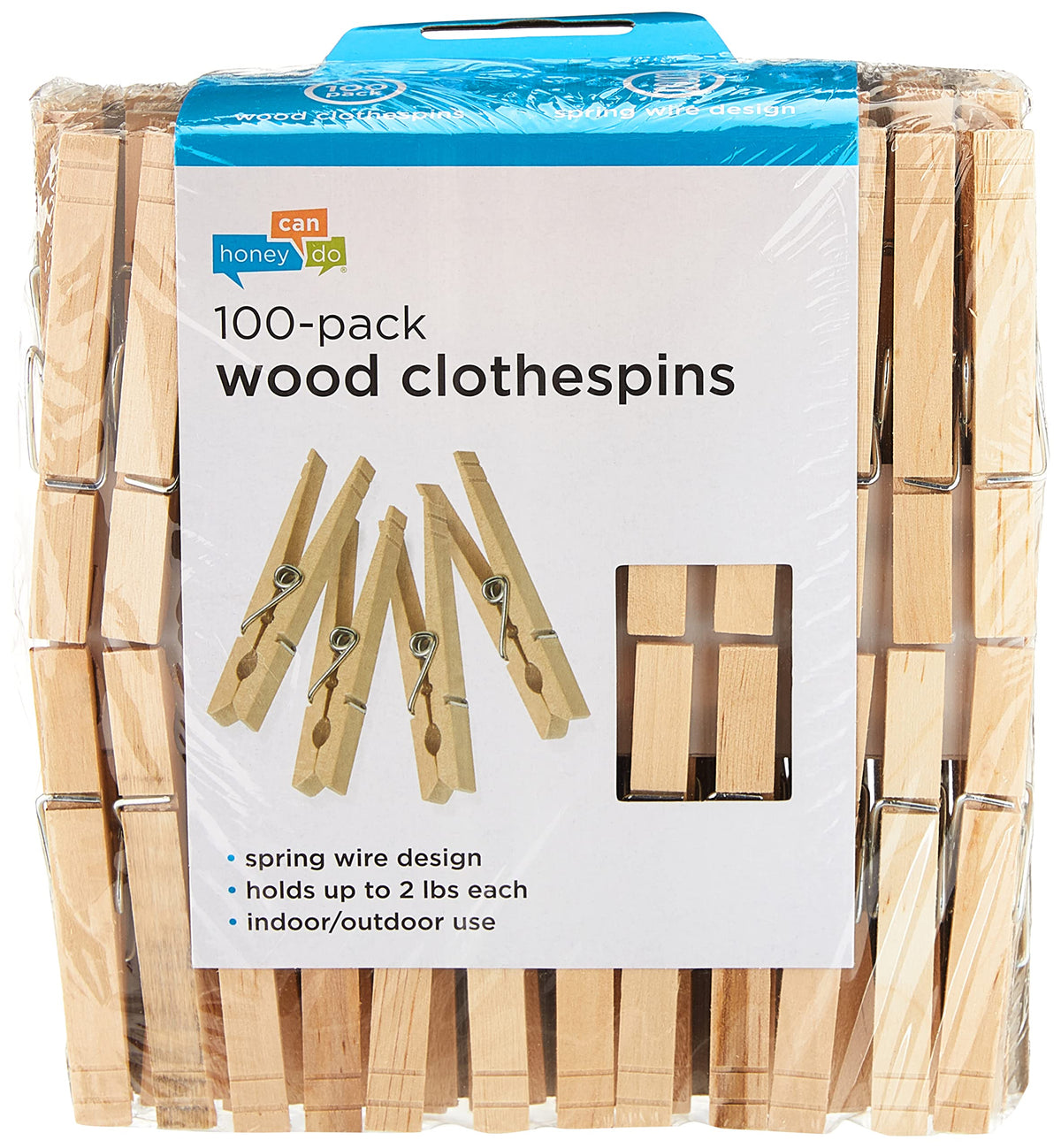 Honey-Can-Do Wooden Clothespins – Heavy-Duty Laundry & Clothes Wood for Crafts, Natural Wood with Strong Grip Pins, Ideal for Drying & Home Organization, 100 per Pack